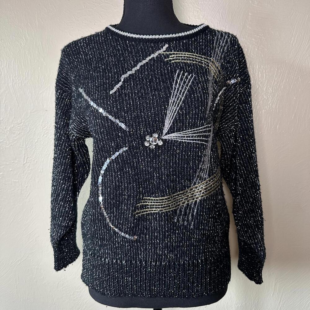 Vintage Embellished Metallic Knit Sweater – Black Sparkle Statement Pullover (M)
